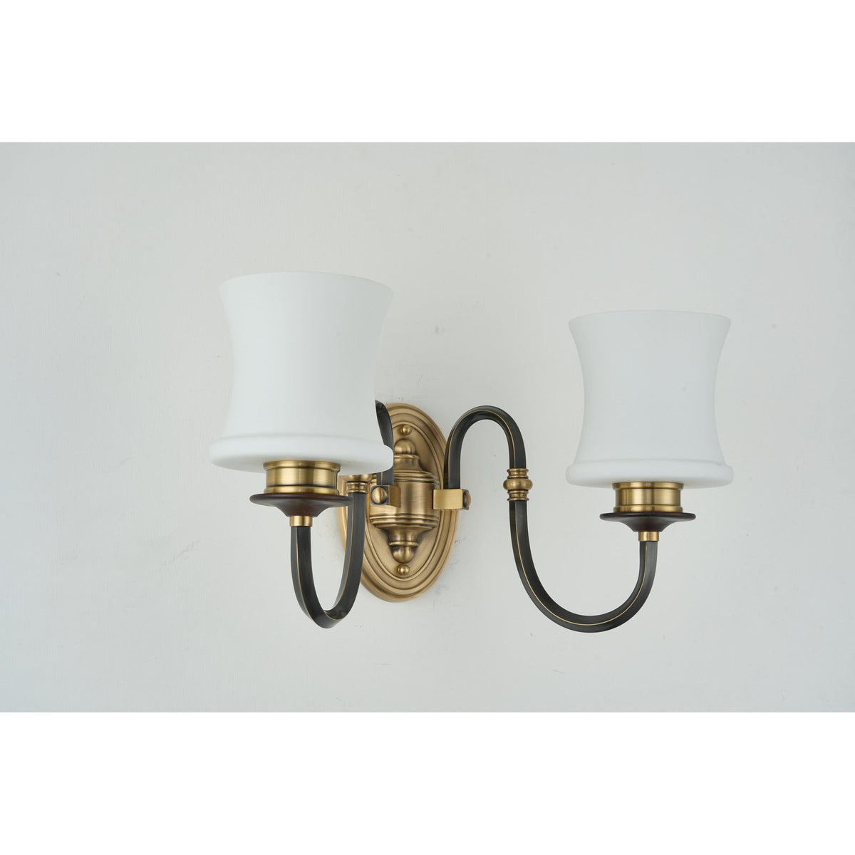 
Supplier real photograph of the unlit Ebonelle two-light wall sconce complete front view
