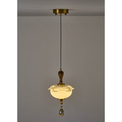Valloren Ribbed Glass and Walnut Pendant Light