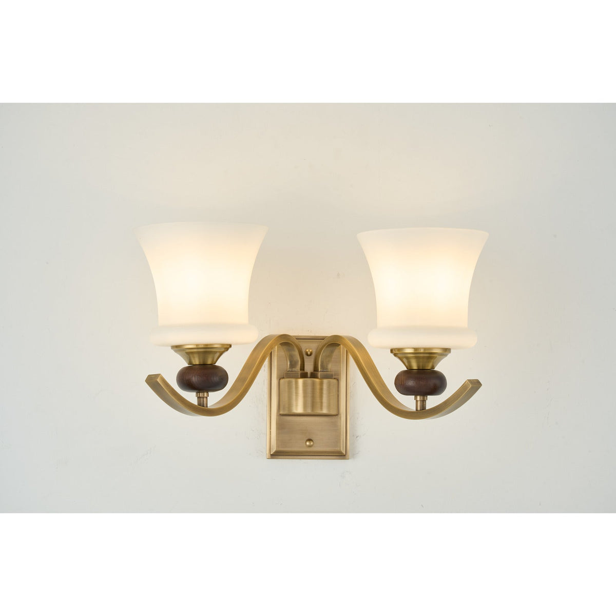 
Brontelle Opal Glass, Antique Brass and Ash Wood Wall Sconce