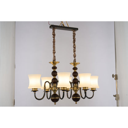 Ebonelle Opal Glass, Blackened Brass and Ash Wood Linear Chandelier