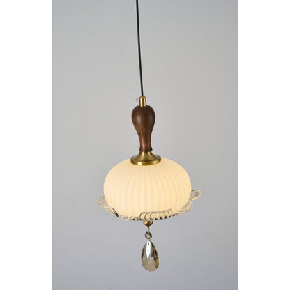Valloren Ribbed Glass and Walnut Pendant Light