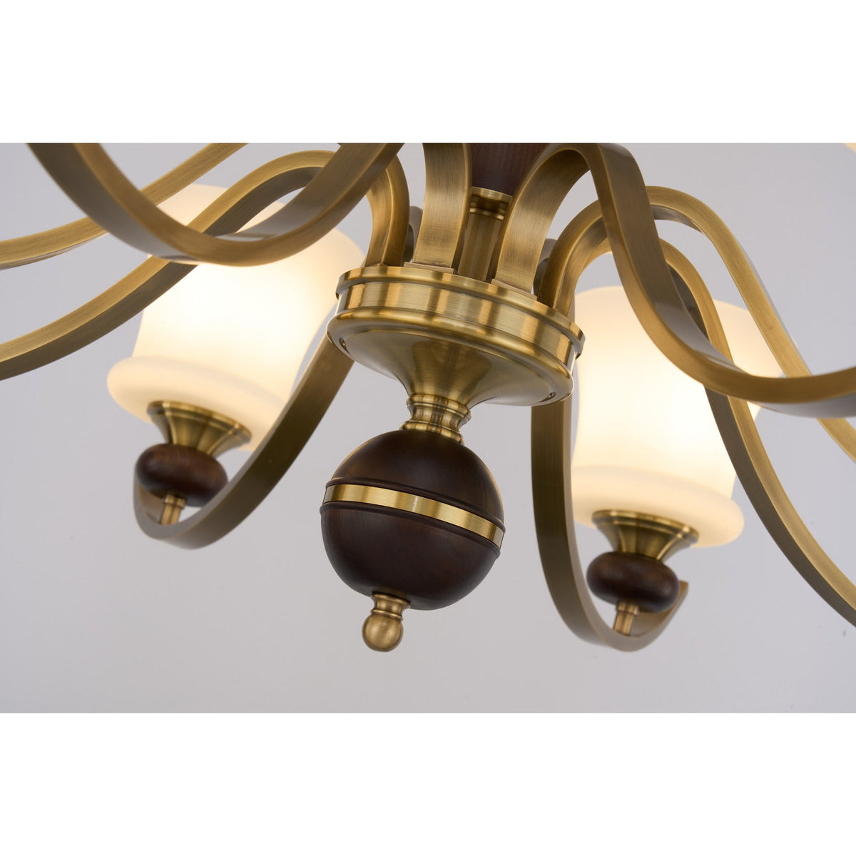 
Brontelle Opal Glass, Antique Brass and Ash Wood Chandelier