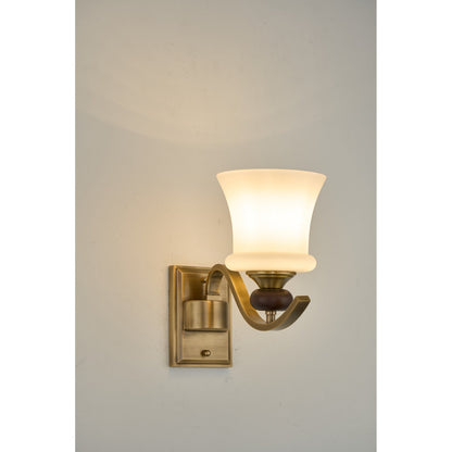 Brontelle Opal Glass, Antique Brass and Ash Wood Wall Sconce