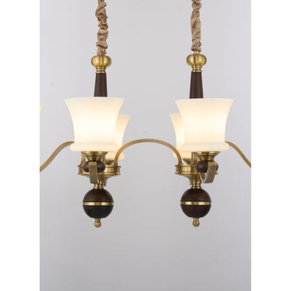 Brontelle Opal Glass, Antique Brass and Ash Wood Linear Chandelier