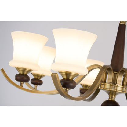 Brontelle Opal Glass, Antique Brass and Ash Wood Chandelier