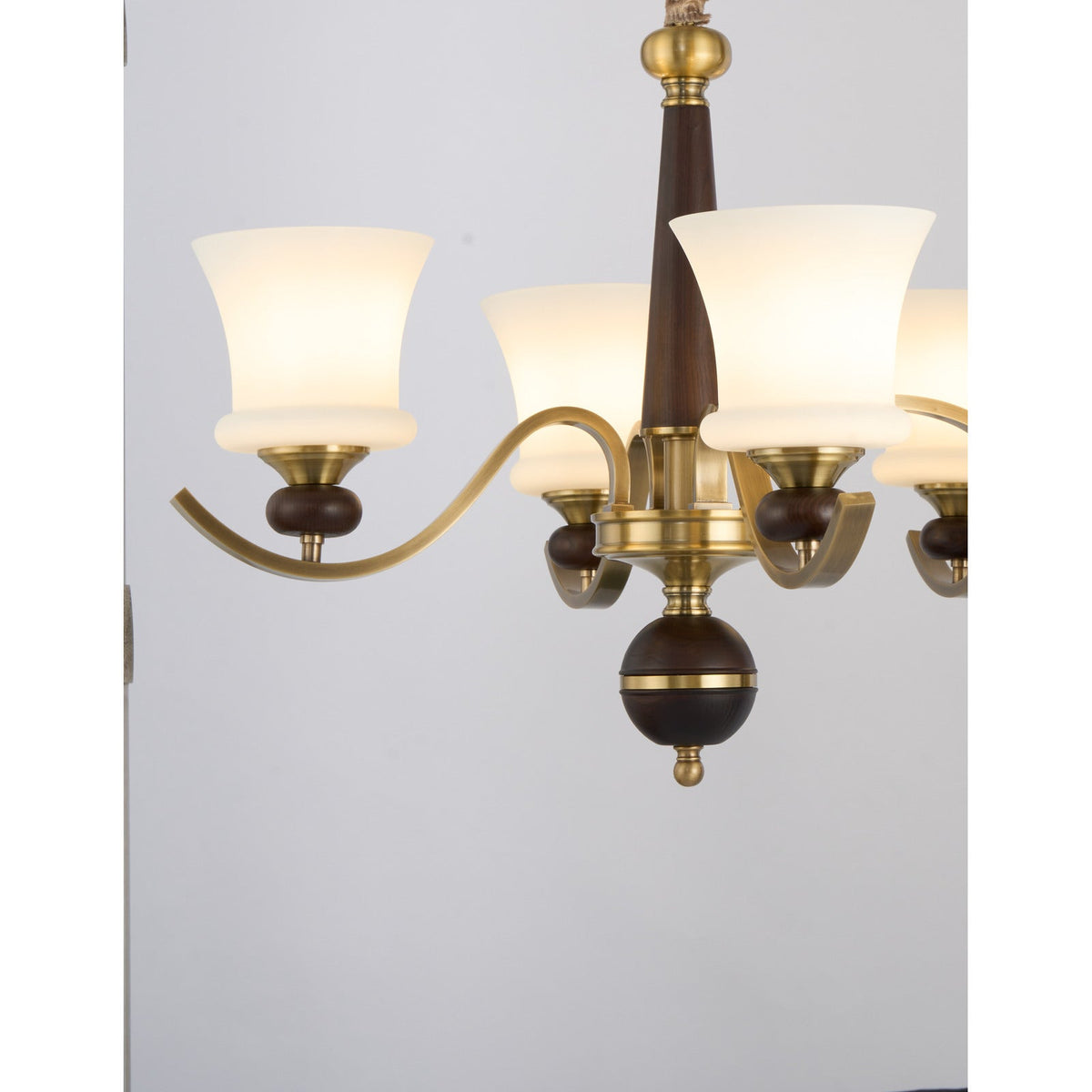 
Brontelle Opal Glass, Antique Brass and Ash Wood Linear Chandelier