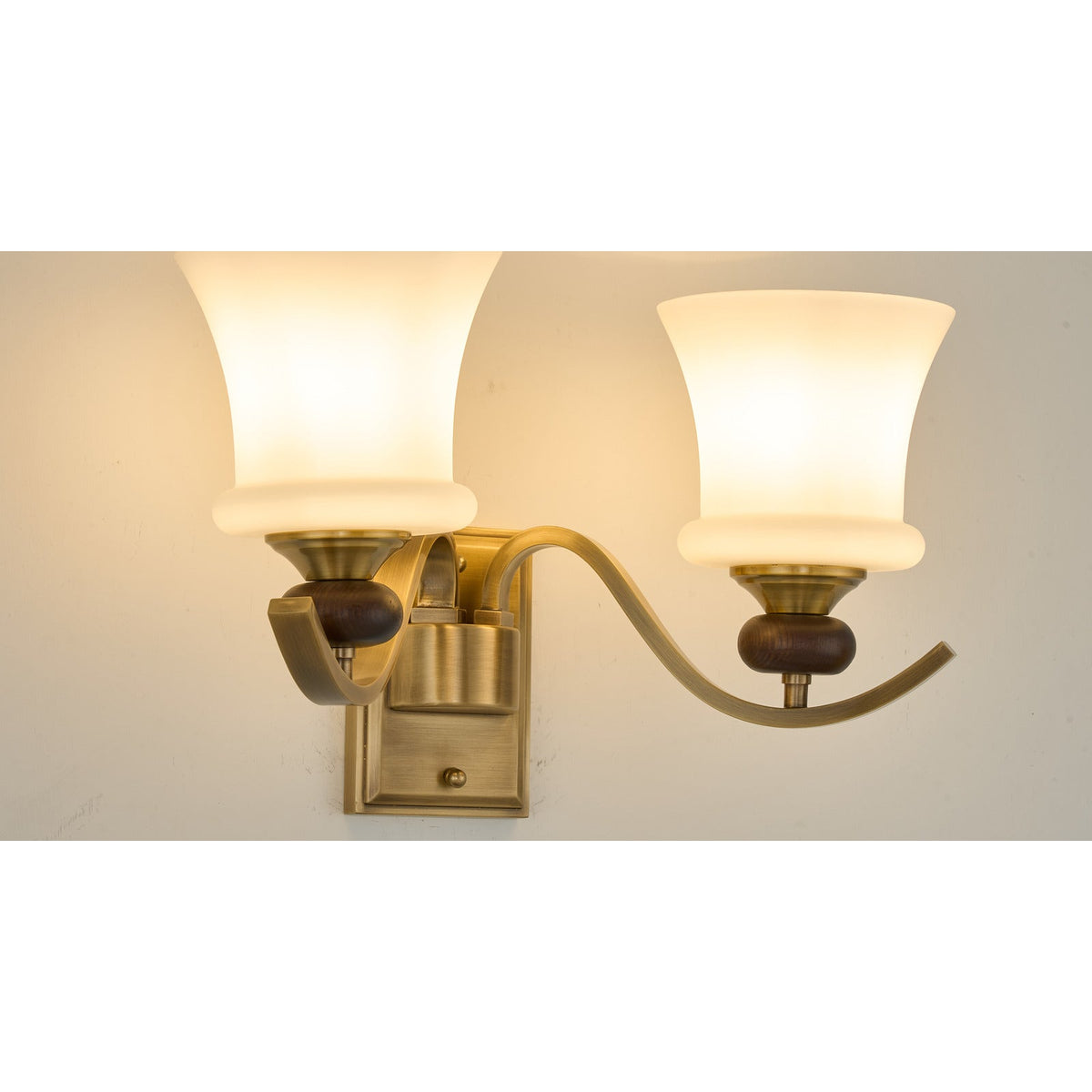 
Brontelle Opal Glass, Antique Brass and Ash Wood Wall Sconce