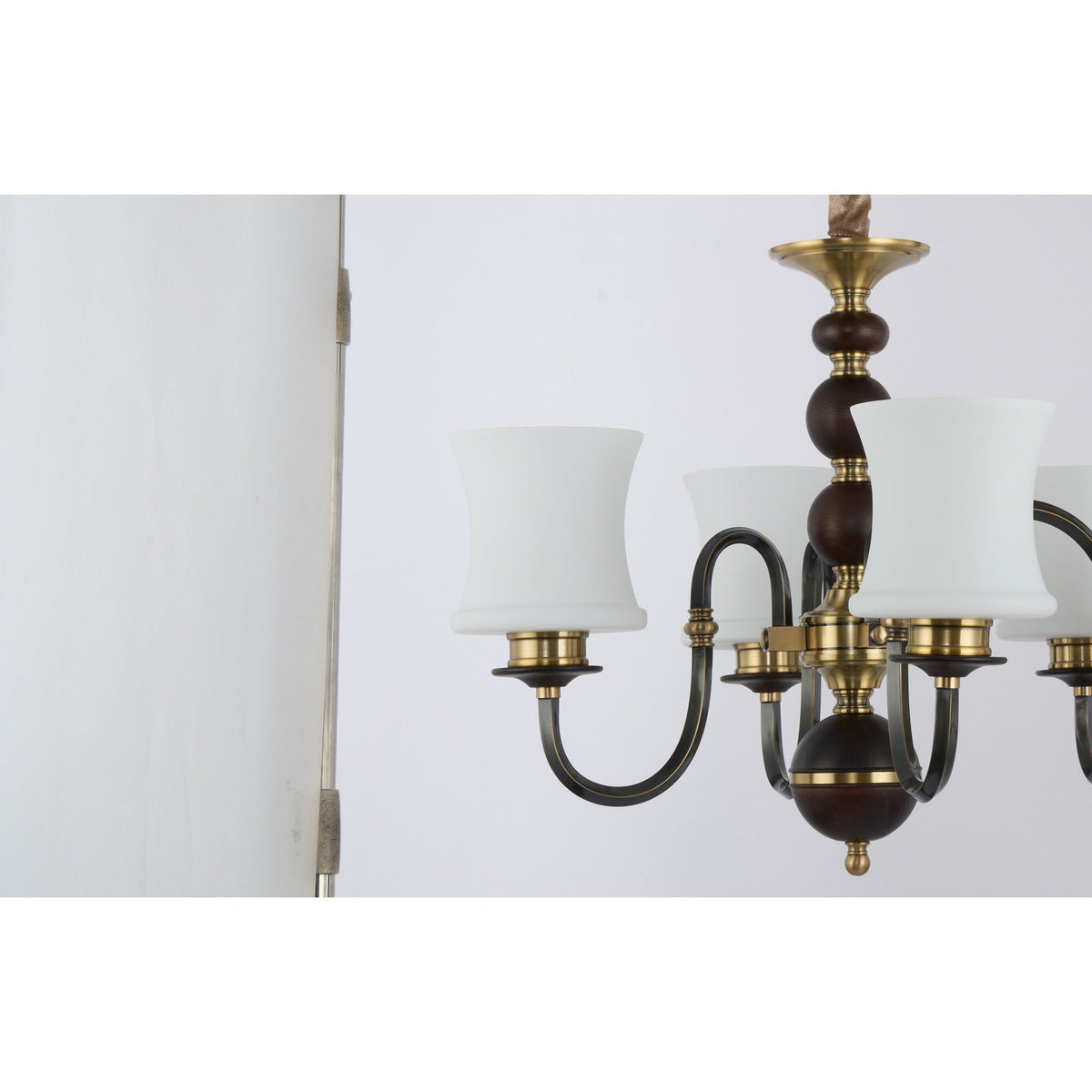 
Ebonelle Opal Glass, Blackened Brass and Ash Wood Linear Chandelier