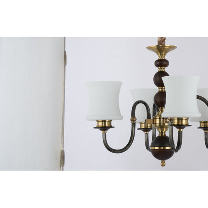 Ebonelle Opal Glass, Blackened Brass and Ash Wood Linear Chandelier