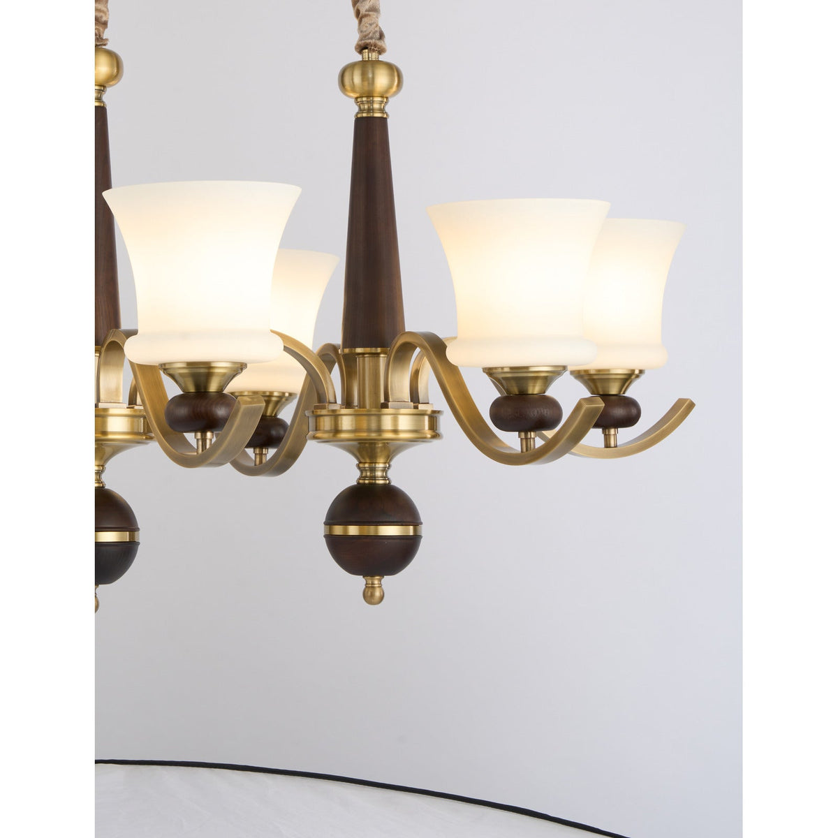 
Brontelle Opal Glass, Antique Brass and Ash Wood Linear Chandelier