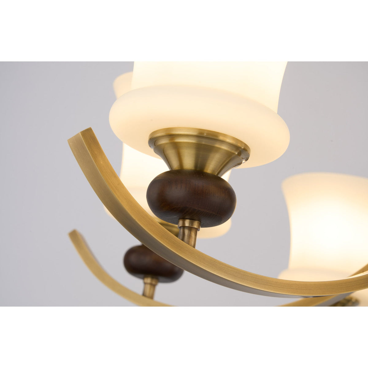 
Brontelle Opal Glass, Antique Brass and Ash Wood Chandelier