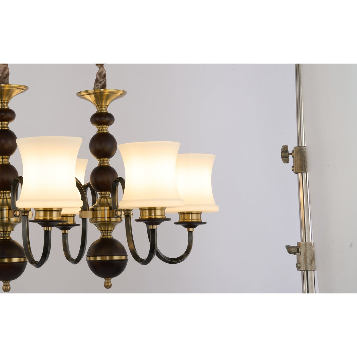 
Ebonelle Opal Glass, Blackened Brass and Ash Wood Linear Chandelier