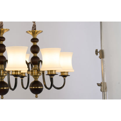 Ebonelle Opal Glass, Blackened Brass and Ash Wood Linear Chandelier