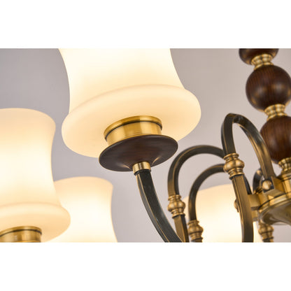 Ebonelle Opal Glass, Blackened Brass and Ash Wood Chandelier