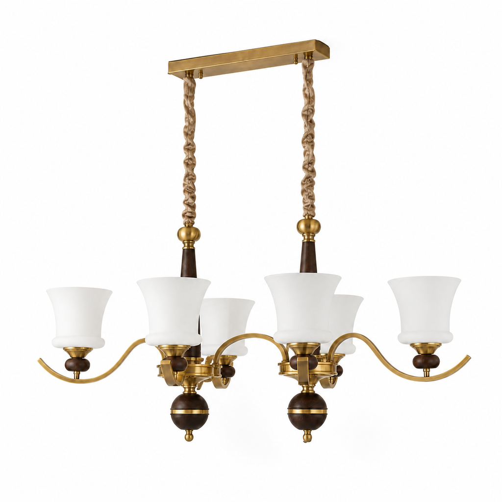 
Brontelle Opal Glass, Antique Brass and Ash Wood Linear Chandelier