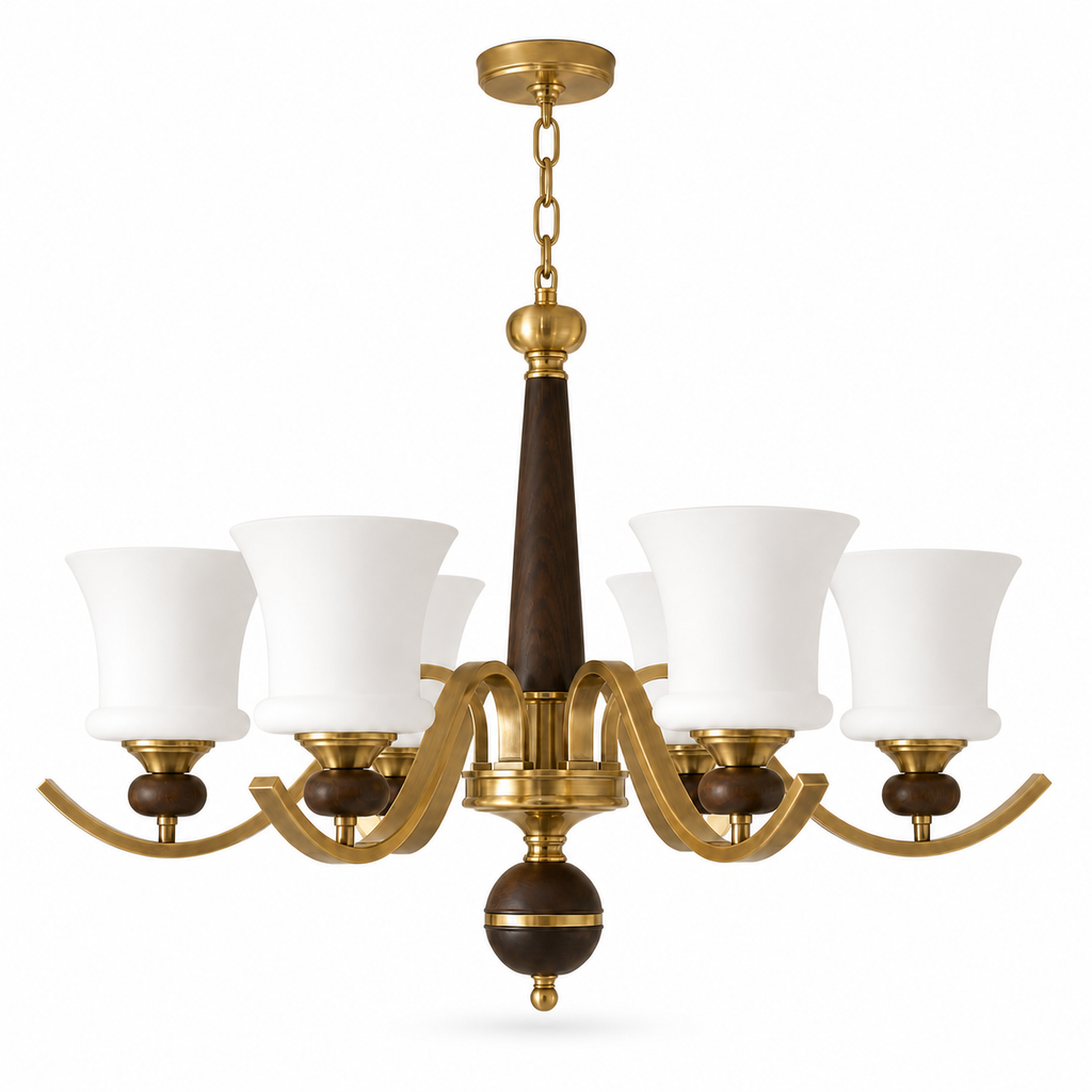 
Brontelle Opal Glass, Antique Brass and Ash Wood Chandelier