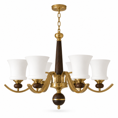 Brontelle Opal Glass, Antique Brass and Ash Wood Chandelier