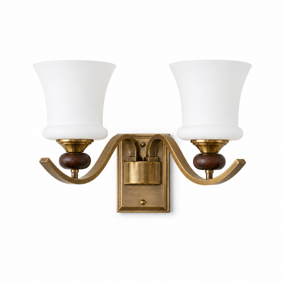 Brontelle Opal Glass, Antique Brass and Ash Wood Wall Sconce