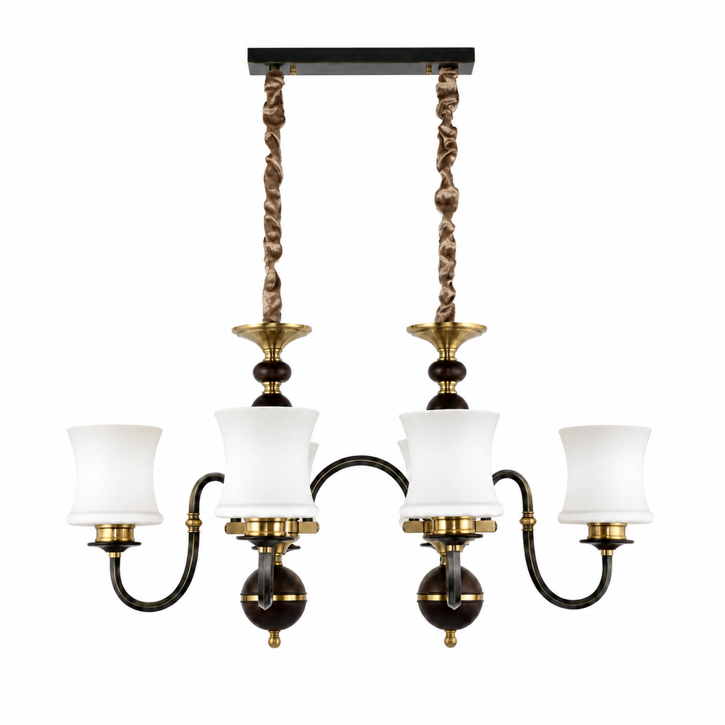 
Ebonelle Opal Glass, Blackened Brass and Ash Wood Linear Chandelier