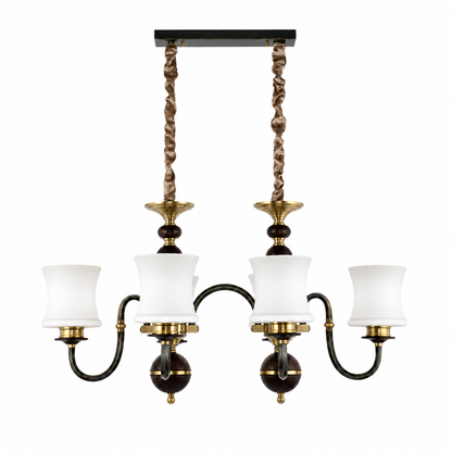Ebonelle Opal Glass, Blackened Brass and Ash Wood Linear Chandelier