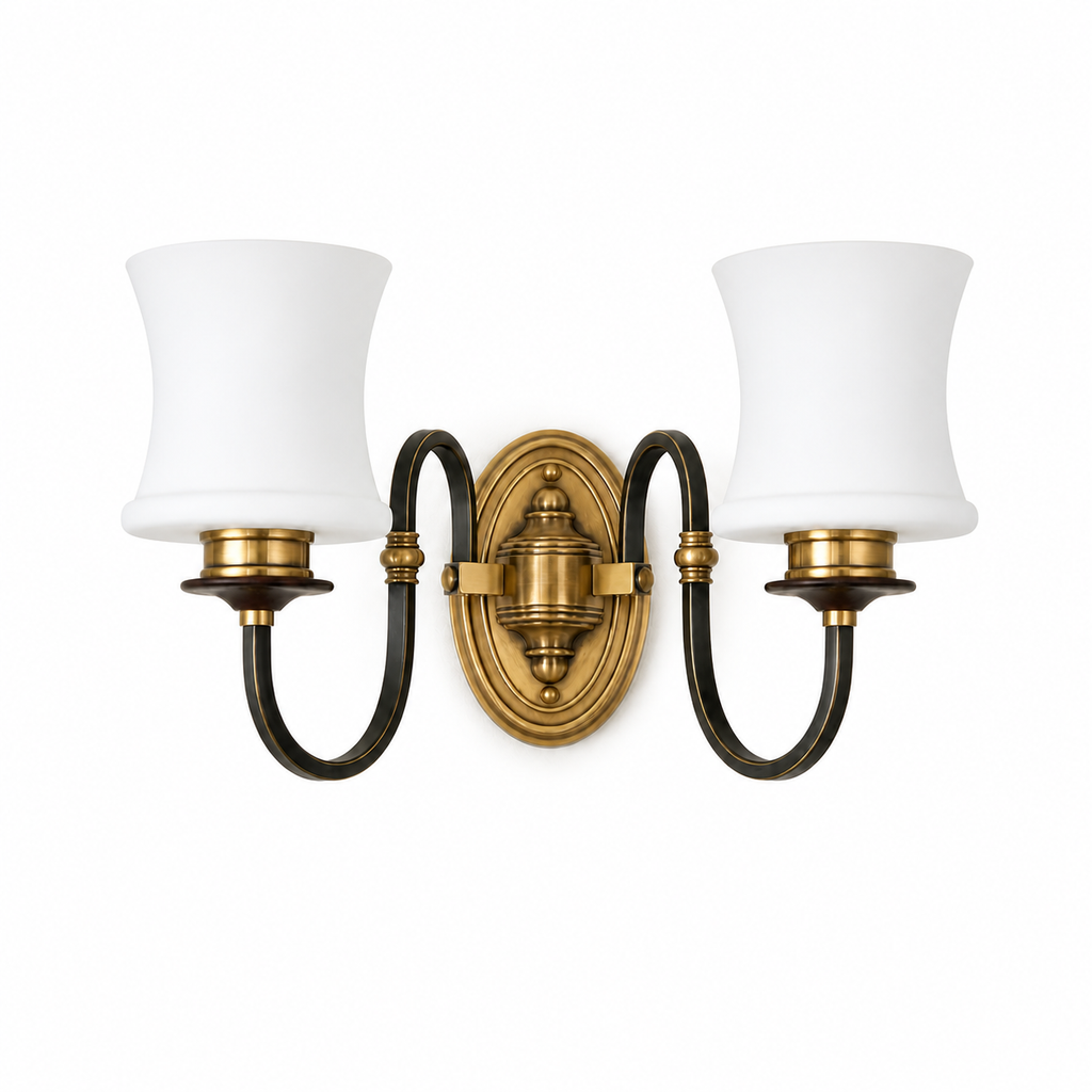 
Ebonelle Opal Glass, Blackened Brass and Antique Brass Wall Sconce