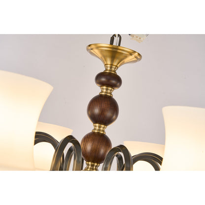 Ebonelle Opal Glass, Blackened Brass and Ash Wood Chandelier