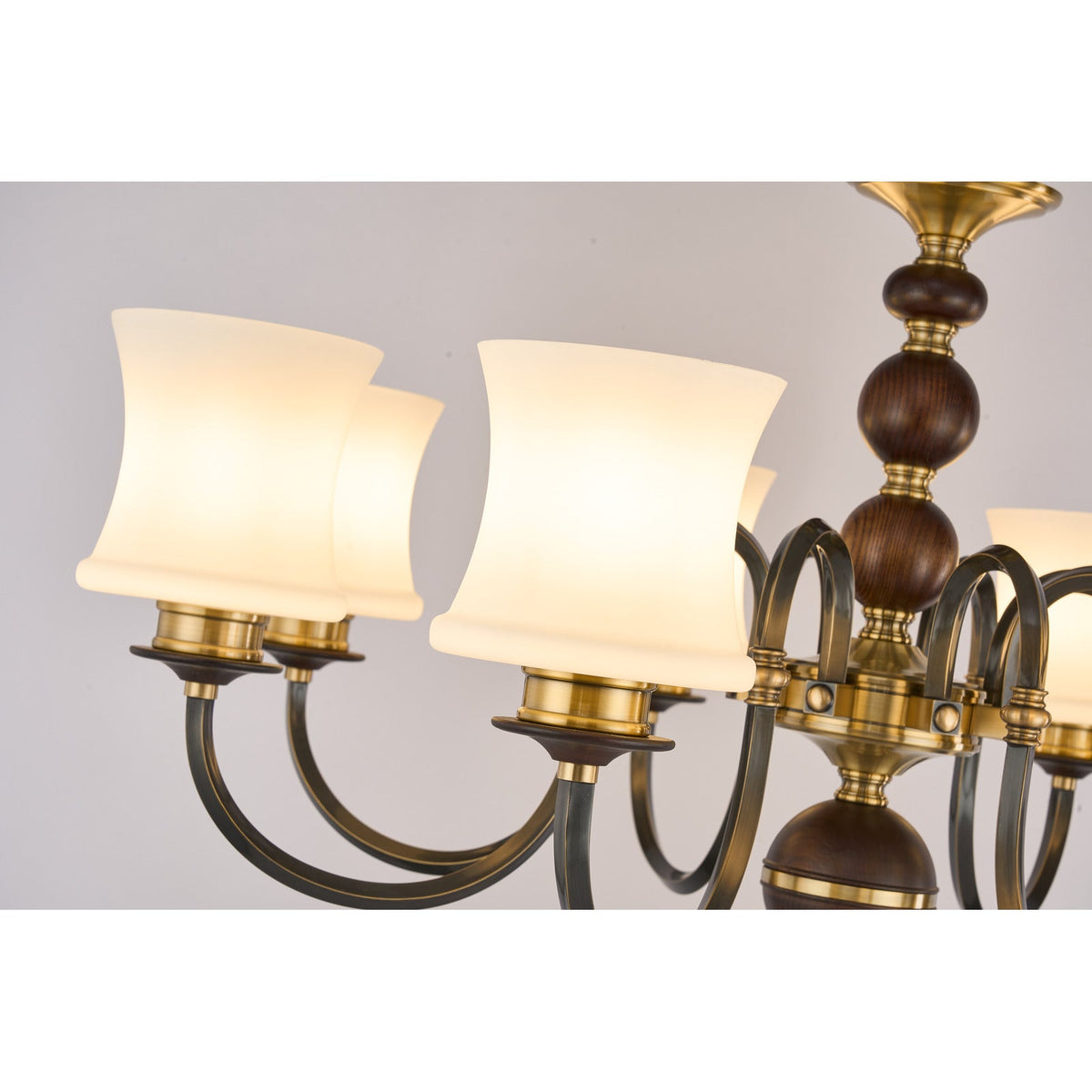
Ebonelle Opal Glass, Blackened Brass and Ash Wood Chandelier