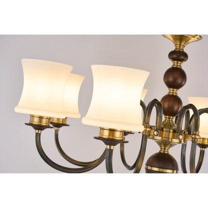 Ebonelle Opal Glass, Blackened Brass and Ash Wood Chandelier