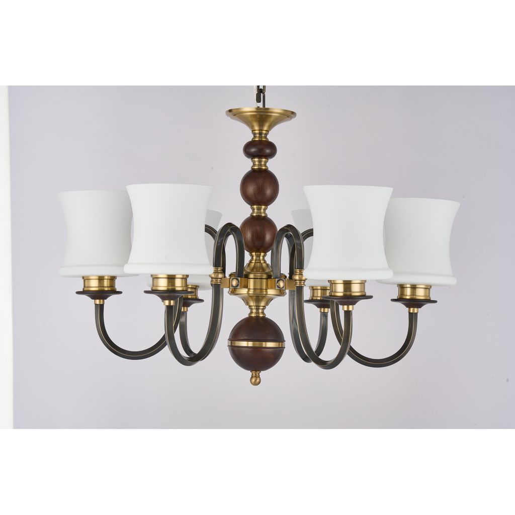 
Ebonelle Opal Glass, Blackened Brass and Ash Wood Chandelier