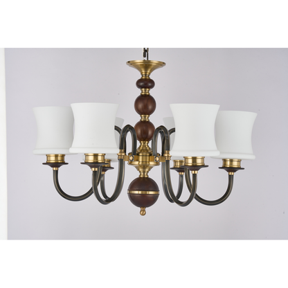 Ebonelle Opal Glass, Blackened Brass and Ash Wood Chandelier